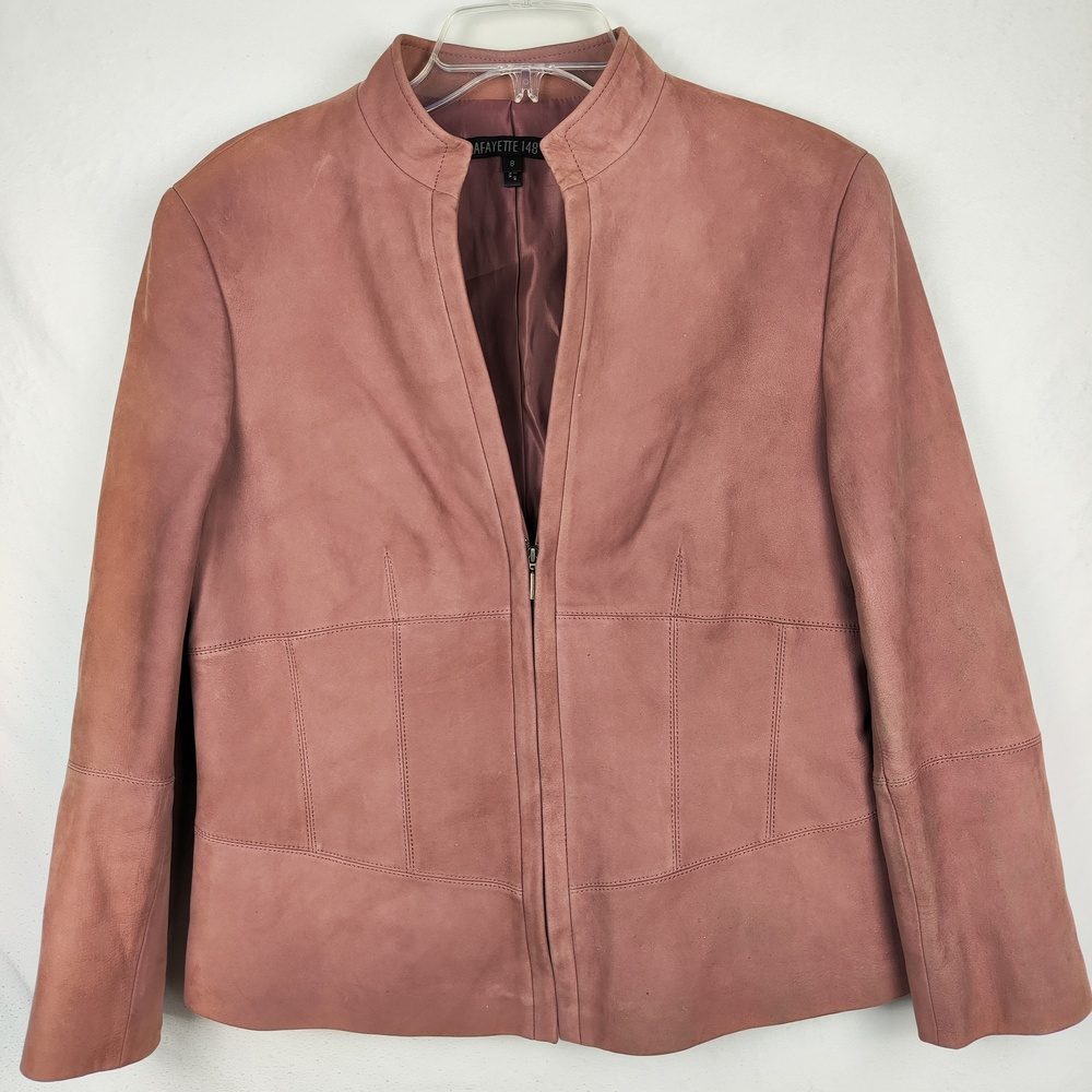 Lafayette 148 New York Jacket Womens 8 Pink Suede Leather Full Zip Collar Lined